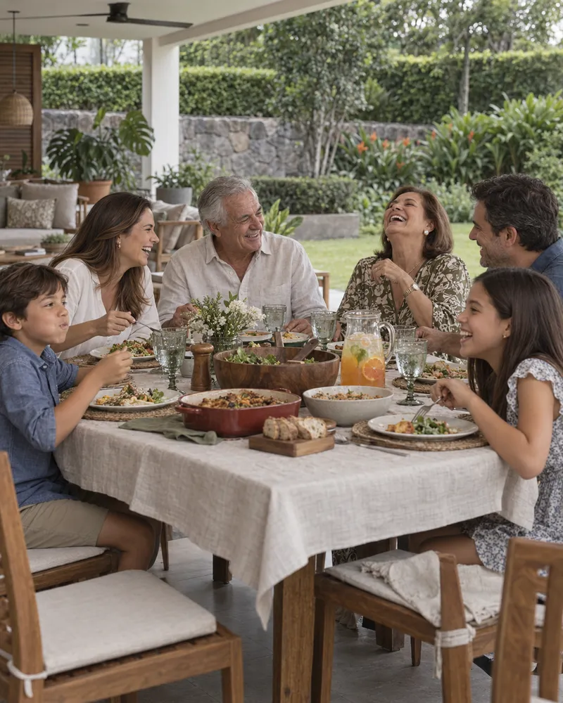 Tres generaciones de una familia riéndose durante el almuerzo en la terraza de su casa