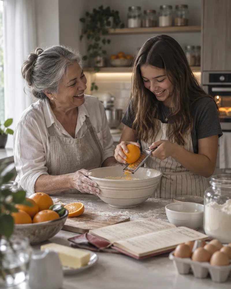 Una abuela y su nieta adolescente preparando juntas la receta familiar de queque de naranja
