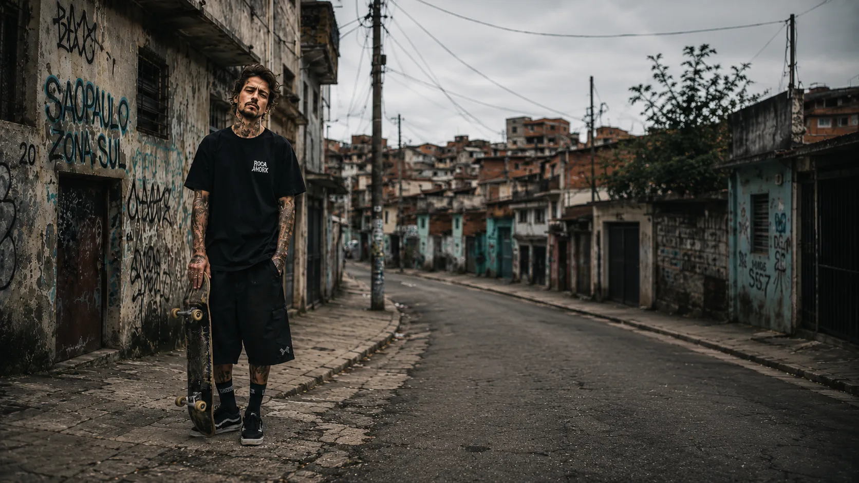 Un joven con patineta en una calle con grafitis
